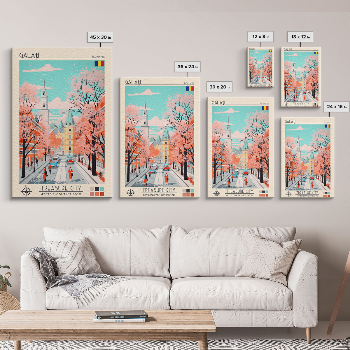 Galați Romania Travel Poster Framed Canvas Print, Midcentury Modern Art, Pop Art Wall Decor, Scenic Wall Art, Bedroom Decoration, Office Art