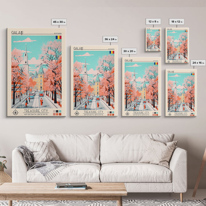 Galați Romania Travel Poster Framed Canvas Print, Midcentury Modern Art, Pop Art Wall Decor, Scenic Wall Art, Bedroom Decoration, Office Art