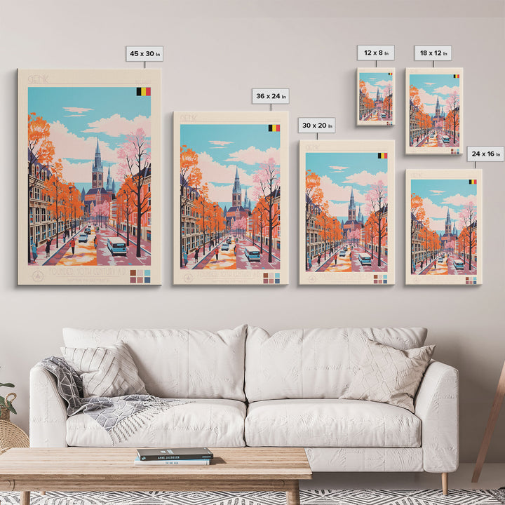 Genk Belgium Travel Poster Framed Canvas Print, Midcentury Modern Art, Pop Art Wall Decor, Home Decor, Vacation Gift, Bedroom Art