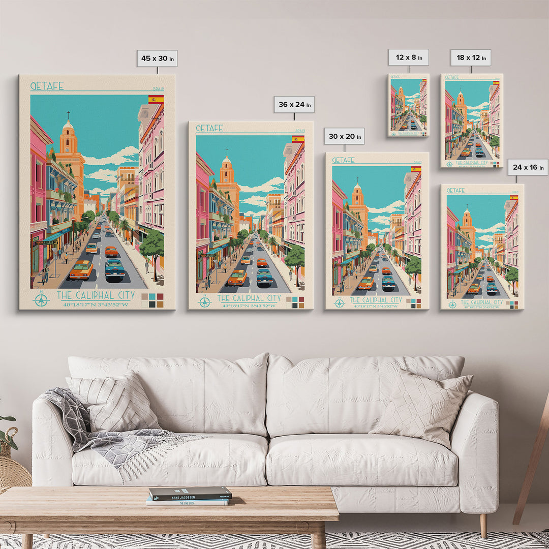 Getafe Spain Travel Poster Framed Canvas Print, Midcentury Modern Art, Pop Art Wall Decor, Scenic Wall Art, Bedroom Decoration