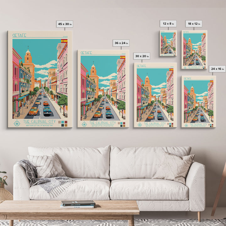 Getafe Spain Travel Poster Framed Canvas Print, Midcentury Modern Art, Pop Art Wall Decor, Scenic Wall Art, Bedroom Decoration