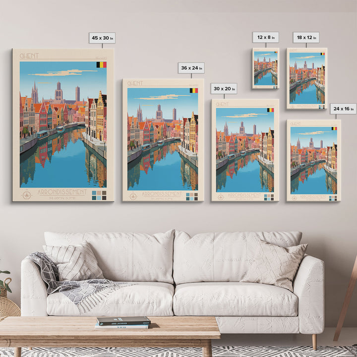 Ghent Belgium Travel Poster Framed Canvas Print, Midcentury Modern Art, Pop Art Wall Decor, Scenic Wall Art, Living Room Decoration, Office Art
