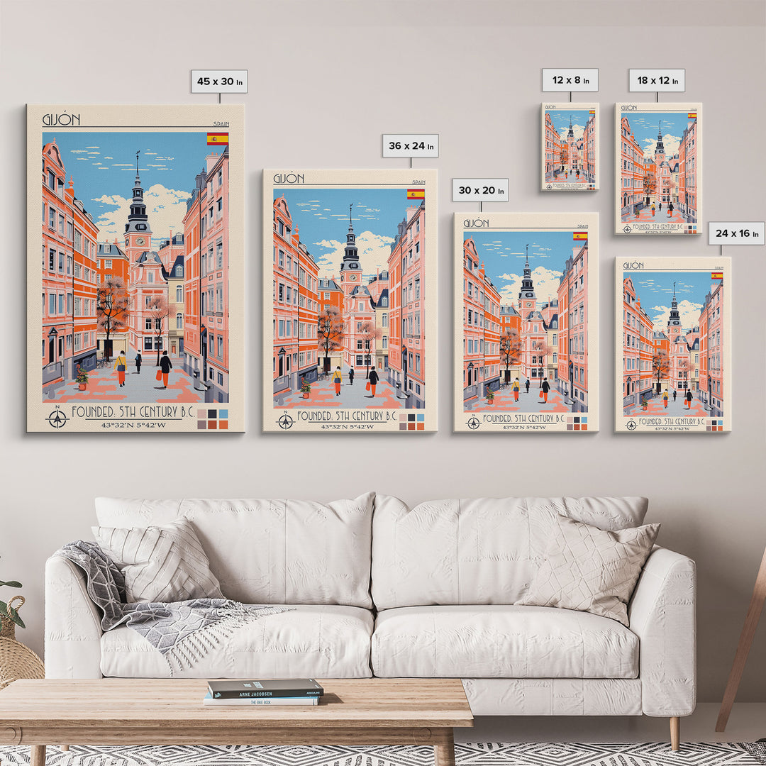 Gijón Spain Travel Poster Framed Canvas Print, Midcentury Modern Art, Pop Art Wall Decor, Scenic Wall Art, Living Room Decoration, Office Art