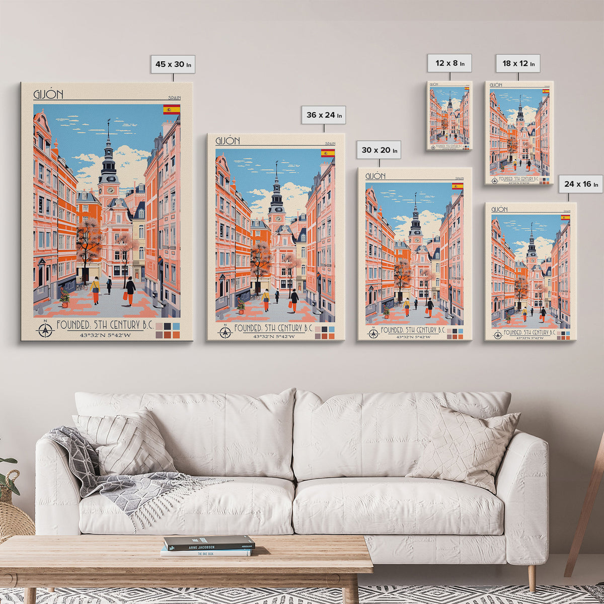 Gijón Spain Travel Poster Framed Canvas Print, Midcentury Modern Art, Pop Art Wall Decor, Scenic Wall Art, Living Room Decoration, Office Art