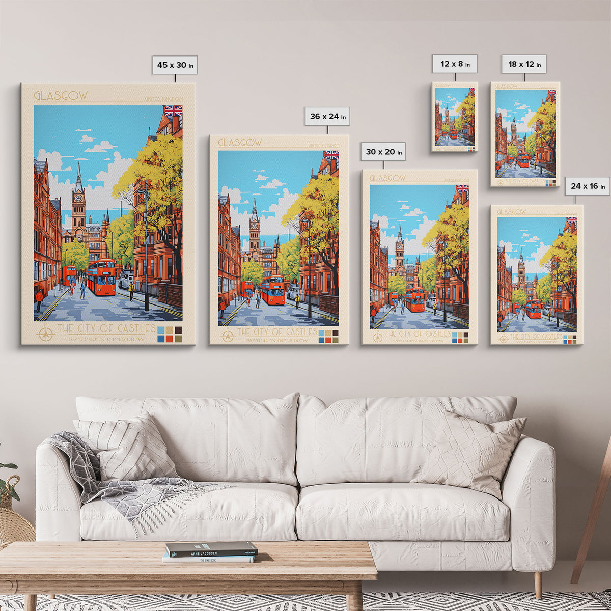 Glasgow United Kingdom Travel Poster Framed Canvas Print, Midcentury Modern Art, Pop Art Wall Decor, Scenic Bedroom Art, Office Decoration