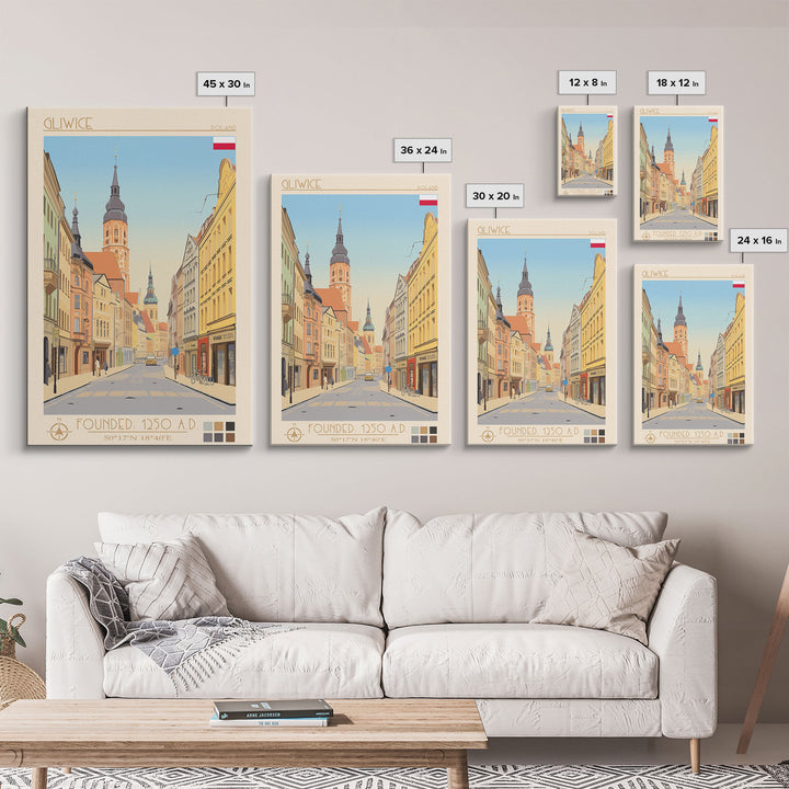 Gliwice Poland Travel Poster Framed Canvas Print, Midcentury Modern Art, Pop Art Wall Decor, Scenic Living Room Art, Bedroom Decor