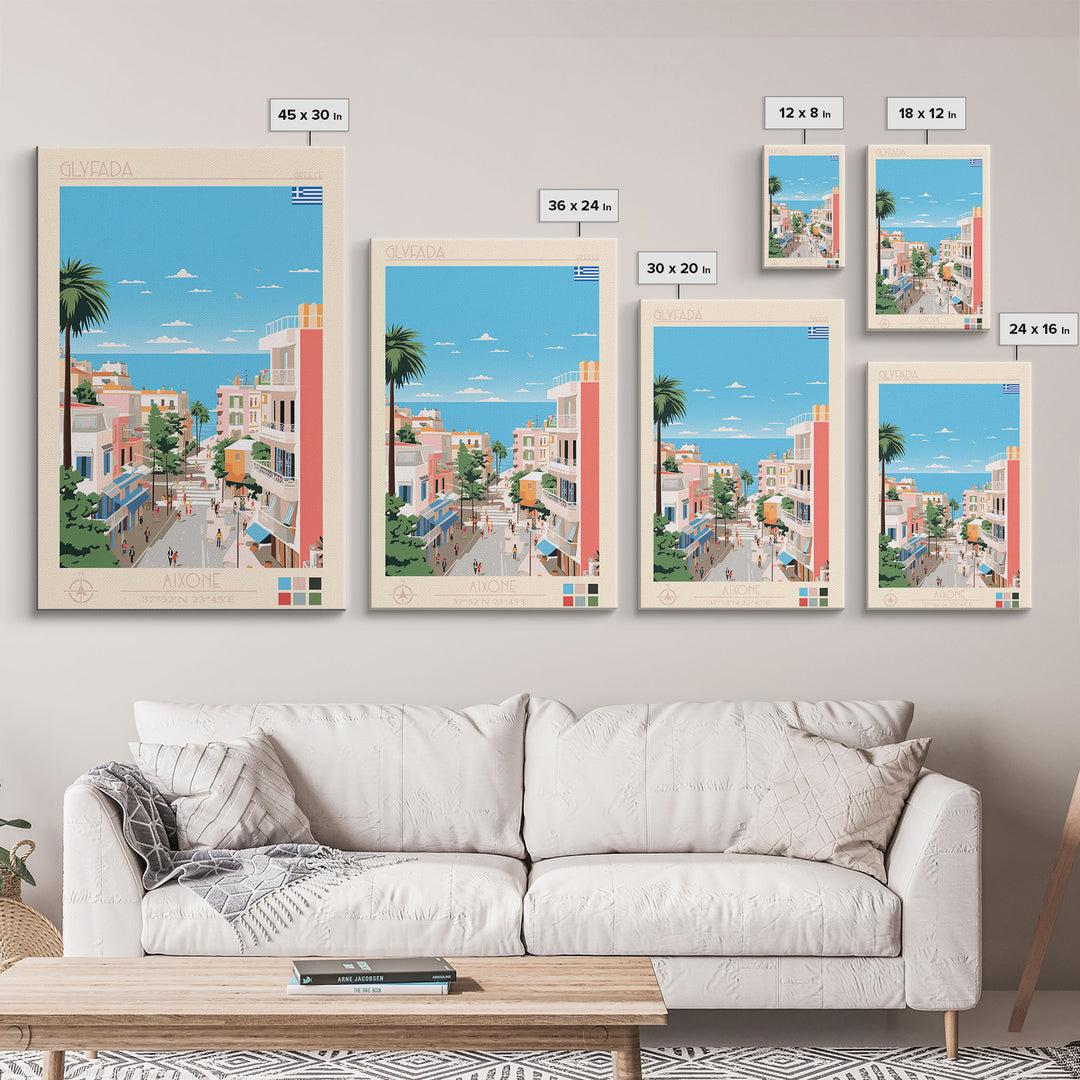 Glyfada Greece Travel Poster Framed Canvas Print, Midcentury Modern Art, Pop Art Wall Decor, Scenic Wall Art, Bedroom Decoration, Office Art