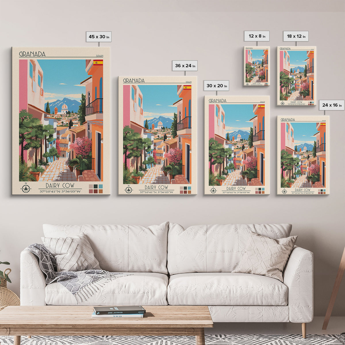 Granada Spain Travel Poster Framed Canvas Print, Midcentury Modern Art, Pop Art Wall Decor, Scenic Living Room Art, Bedroom Decor