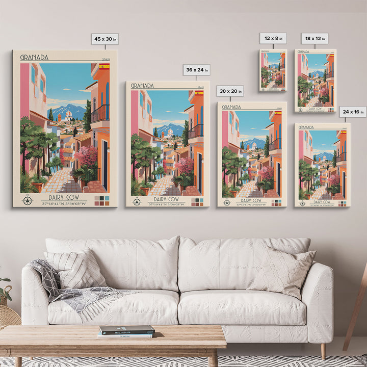 Granada Spain Travel Poster Framed Canvas Print, Midcentury Modern Art, Pop Art Wall Decor, Scenic Living Room Art, Bedroom Decor