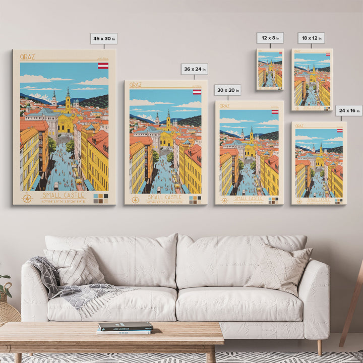 Graz Austria Travel Poster Framed Canvas Print, Vintage Style, Pop Art Home Decor, Scenic Wall Art, Bedroom Decoration, Office Gift