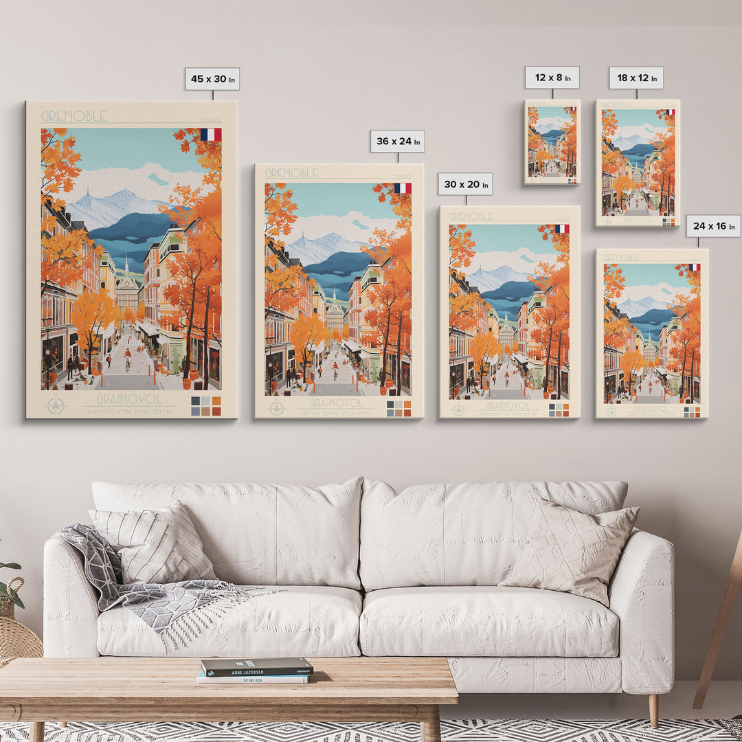 Grenoble France Travel Poster Framed Canvas Print, Midcentury Modern Art, Pop Art Wall Decor, Home Decor, Vacation Gift, Office Art