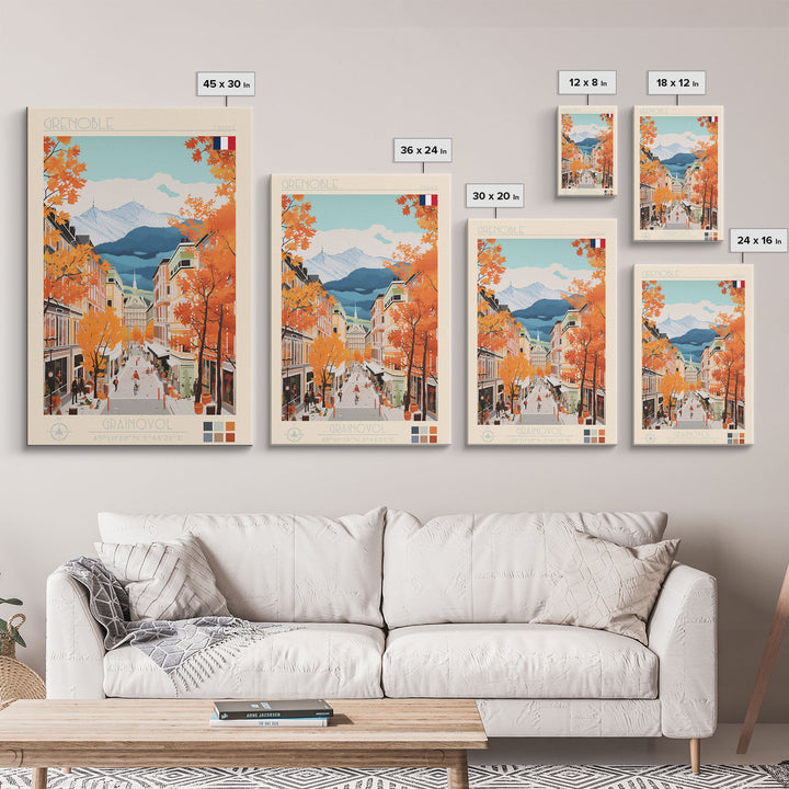Grenoble France Travel Poster Framed Canvas Print, Midcentury Modern Art, Pop Art Wall Decor, Home Decor, Vacation Gift, Office Art