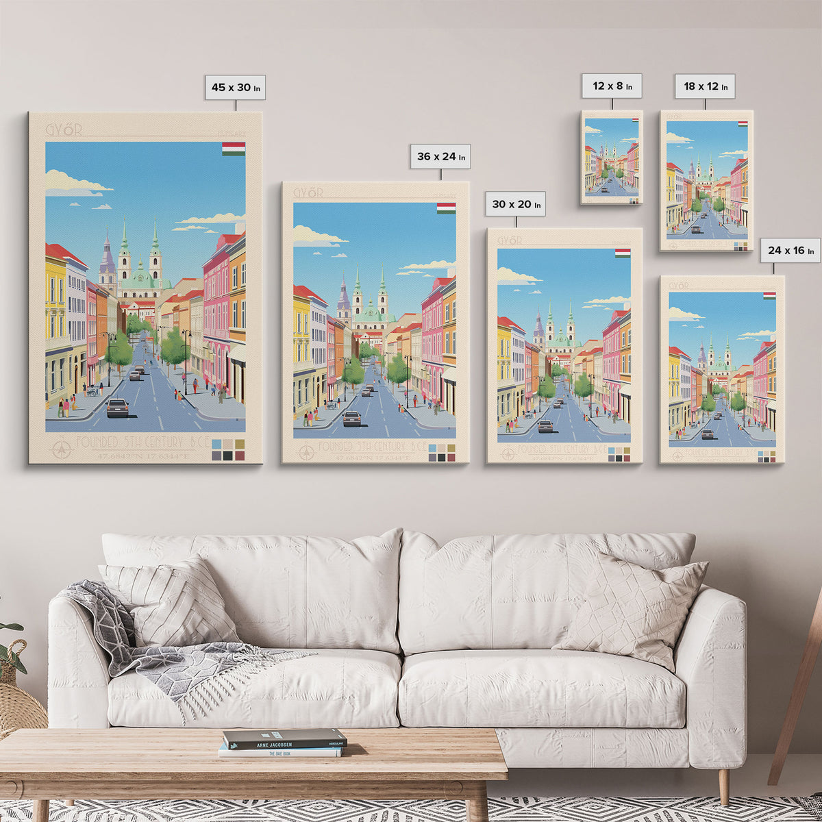 Győr Hungary Travel Poster Framed Canvas Print, Midcentury Modern Art, Pop Art Wall Decor, Scenic Wall Art, Living Room Decoration, Office Gift