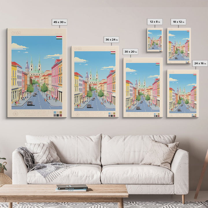 Győr Hungary Travel Poster Framed Canvas Print, Midcentury Modern Art, Pop Art Wall Decor, Scenic Wall Art, Living Room Decoration, Office Gift