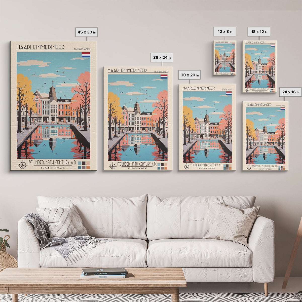 Haarlemmermeer Netherlands Travel Poster Framed Canvas Print, Midcentury Modern Art, Pop Art Wall Decor, Scenic Wall Art, Living Room Decoration, Office Art