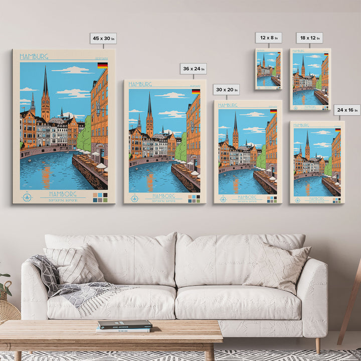 Hamburg Germany Travel Poster Framed Canvas Print, Midcentury Modern Art, Pop Art Wall Decor, Scenic Wall Art, Bedroom Decoration, Office Art