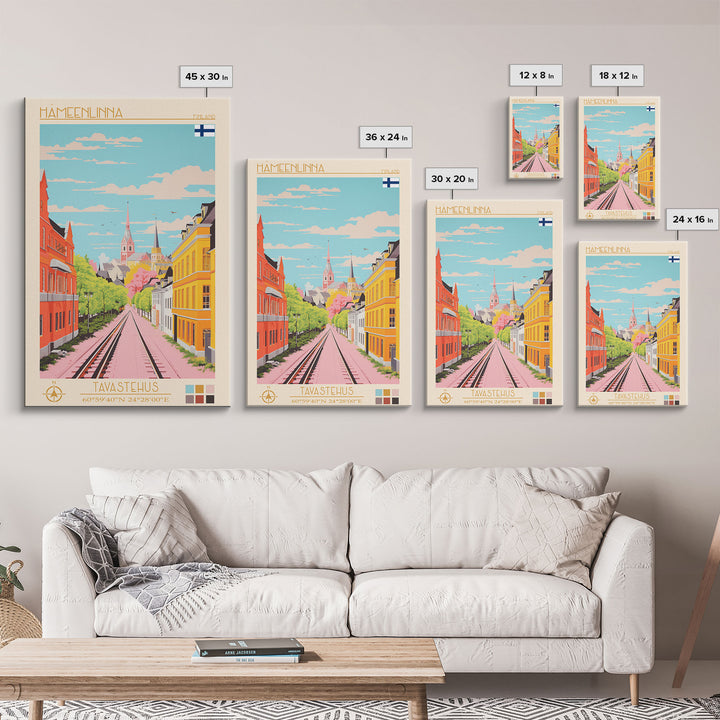 Hämeenlinna City in Finland Finland Travel Poster Framed Canvas Print, Midcentury Modern Art, Pop Art Wall Decor, Home Decor, Vacation Gift, Bedroom Art