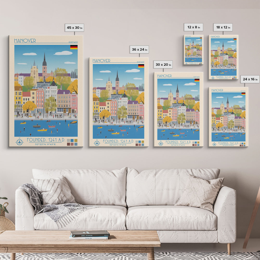 Hanover Germany Travel Poster Framed Canvas Print, Midcentury Modern Art, Pop Art Wall Decor, Scenic Wall Art, Living Room Decoration, Office Art