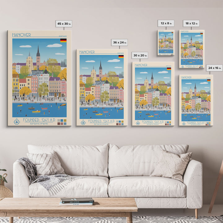 Hanover Germany Travel Poster Framed Canvas Print, Midcentury Modern Art, Pop Art Wall Decor, Scenic Wall Art, Living Room Decoration, Office Art