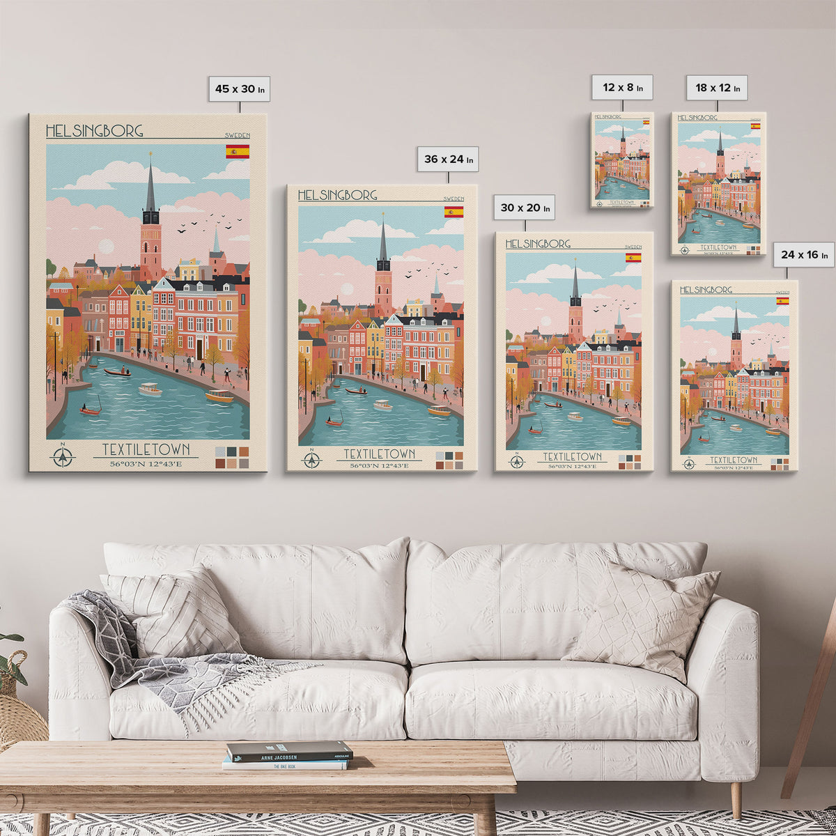 Helsingborg Sweden Travel Poster Framed Canvas Print, Midcentury Modern Art, Pop Art Wall Decor, Scenic Wall Art, Bedroom Decoration, Office Art
