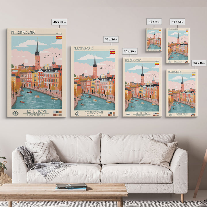 Helsingborg Sweden Travel Poster Framed Canvas Print, Midcentury Modern Art, Pop Art Wall Decor, Scenic Wall Art, Bedroom Decoration, Office Art
