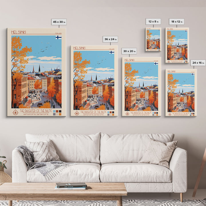 Helsinki Finland Travel Poster Framed Canvas Print, Midcentury Modern Art, Pop Art Wall Decor, Scenic Bedroom Art, Office Decoration