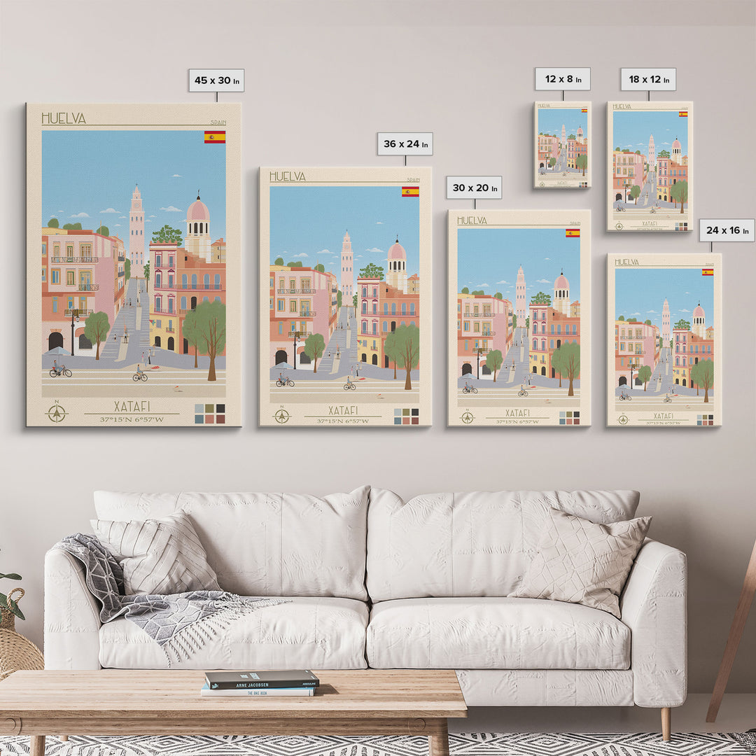 Huelva Spain Travel Poster Framed Canvas Print, Midcentury Modern Art, Pop Art Wall Decor, Scenic Wall Art, Living Room Decoration, Office Art