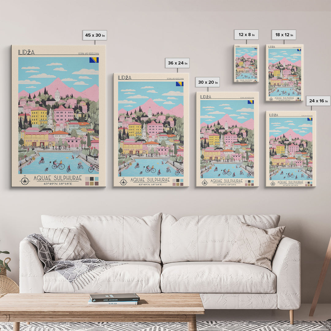 Ilidža Bosnia and Herzegovina Travel Poster Framed Canvas Print, Midcentury Modern Art, Pop Art Wall Decor, Scenic Wall Art, Bedroom Decoration