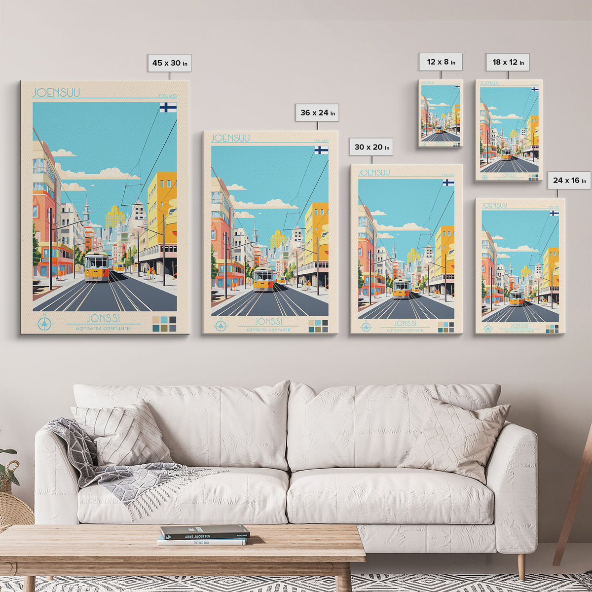 Joensuu Finland Travel Poster Framed Canvas Print, Midcentury Modern Art, Pop Art Wall Decor, Scenic Living Room Art, Bedroom Decor