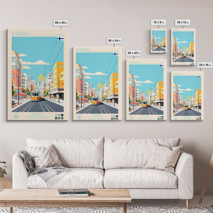 Joensuu Finland Travel Poster Framed Canvas Print, Midcentury Modern Art, Pop Art Wall Decor, Scenic Living Room Art, Bedroom Decor