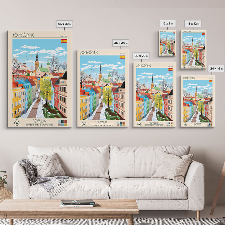 Jönköping Sweden Travel Poster Framed Canvas Print, Midcentury Modern Art, Pop Art Wall Decor, Home Decor, Vacation Gift, Office Art