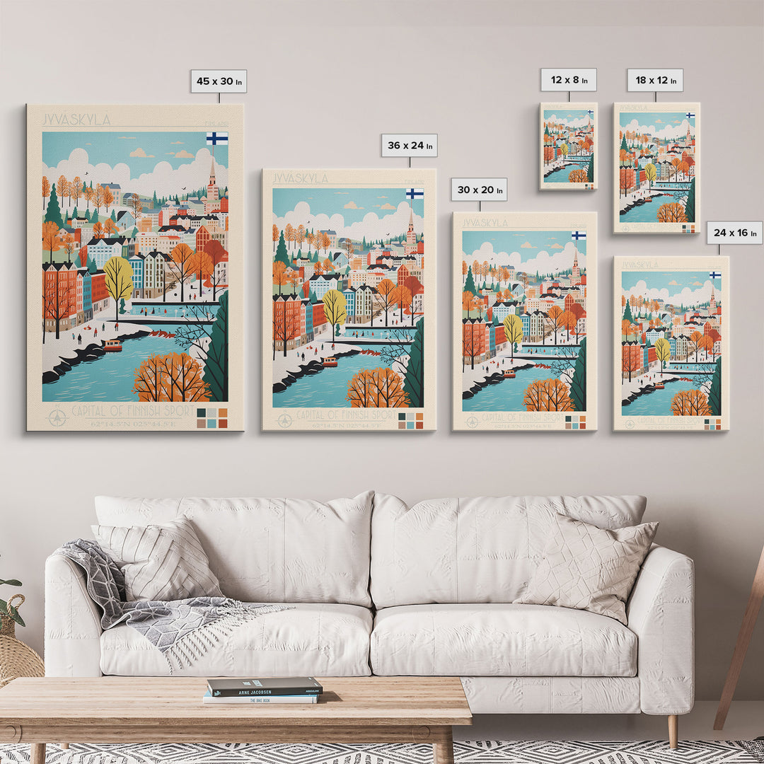 Jyväskylä Finland Travel Poster Framed Canvas Print, Vintage Style, Pop Art Home Decor, Scenic Wall Art, Bedroom Decoration, Office Gift