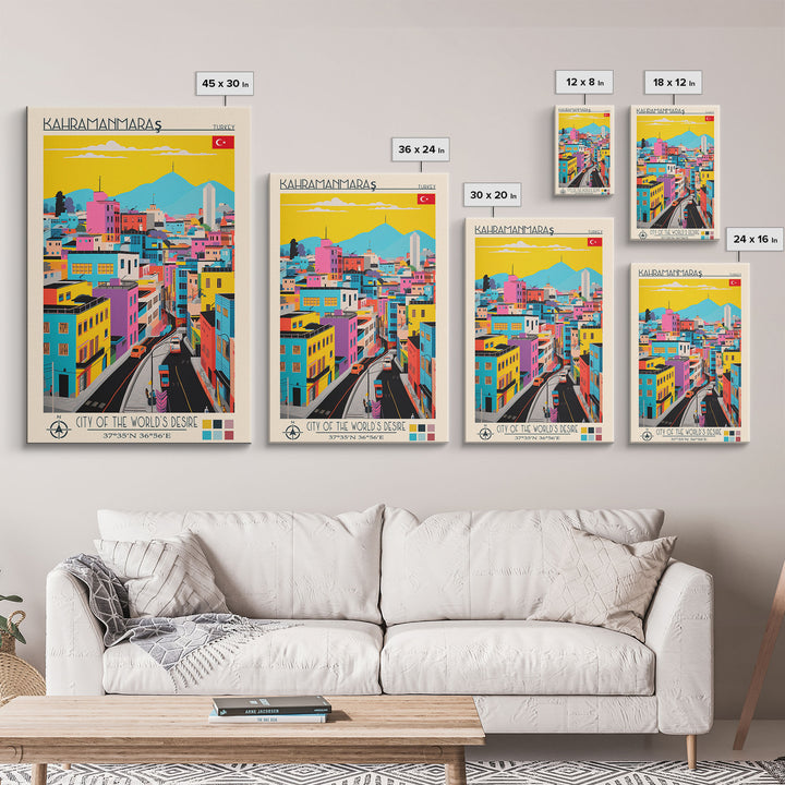 Kahramanmaraş Turkey Travel Poster Framed Canvas Print, Midcentury Modern Art, Pop Art Wall Decor, Scenic Living Room Art, Bedroom Gift
