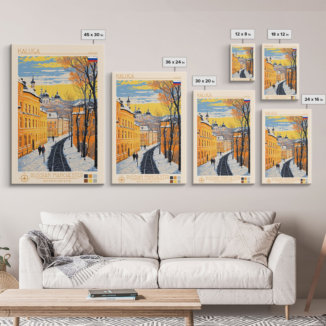 Kaluga Russia Travel Poster Framed Canvas Print, Midcentury Modern Art, Pop Art Wall Decor, Scenic Wall Art, Bedroom Decoration