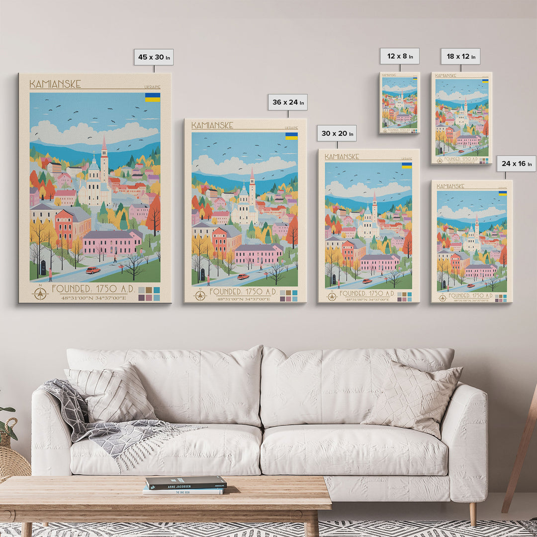 Kamianske Ukraine Travel Poster Framed Canvas Print, Midcentury Modern Art, Pop Art Wall Decor, Scenic Wall Art, Living Room Decoration, Office Art