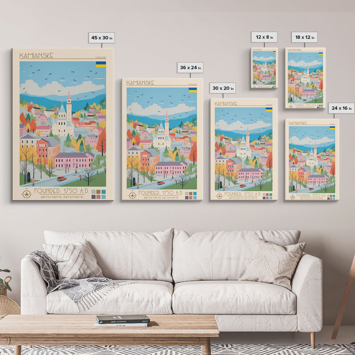 Kamianske Ukraine Travel Poster Framed Canvas Print, Midcentury Modern Art, Pop Art Wall Decor, Scenic Wall Art, Living Room Decoration, Office Art