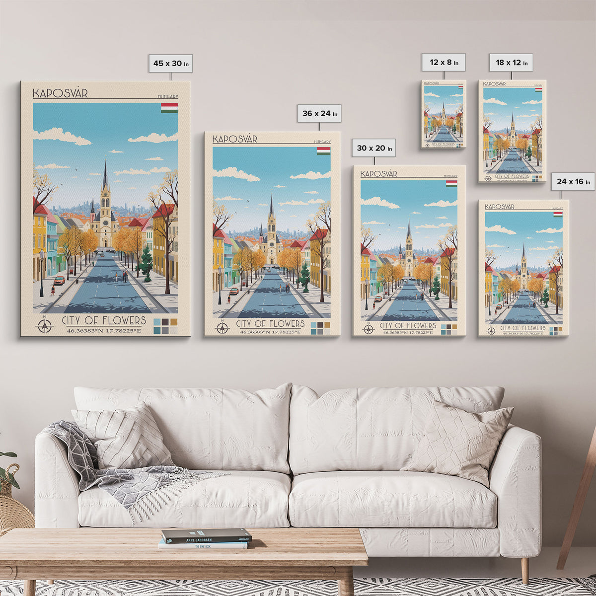 Kaposvár Hungary Travel Poster Framed Canvas Print, Midcentury Modern Art, Pop Art Wall Decor, Scenic Bedroom Art, Office Decoration