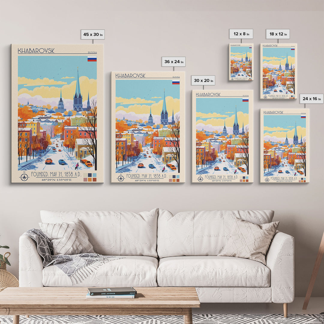 Khabarovsk Russia Travel Poster Framed Canvas Print, Midcentury Modern Art, Pop Art Wall Decor, Home Decor, Vacation Gift, Office Art