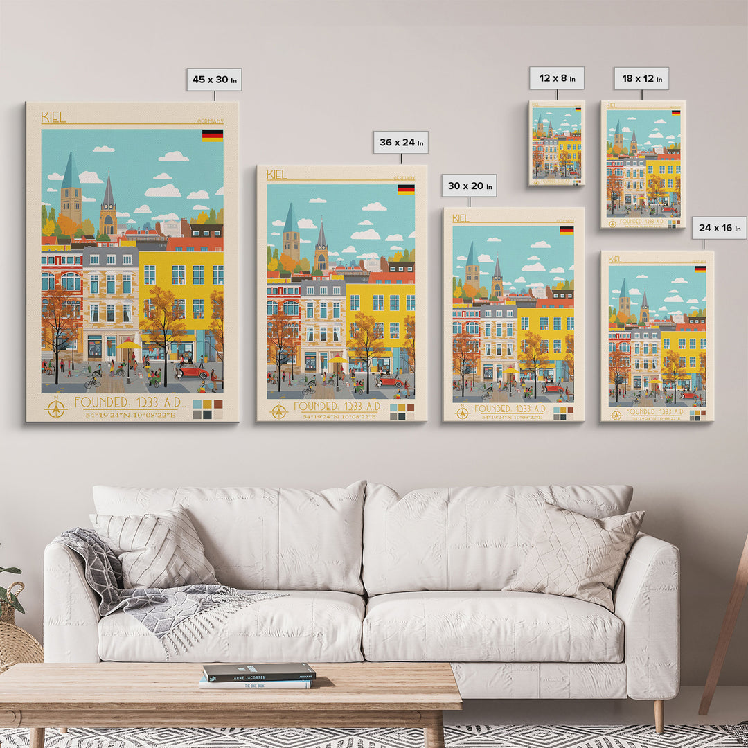 Kiel Germany Travel Poster Framed Canvas Print, Midcentury Modern Art, Pop Art Wall Decor, Scenic Wall Art, Living Room Decoration, Office Art
