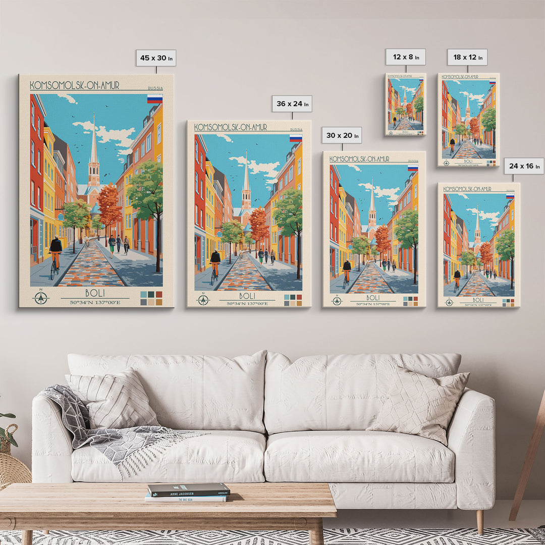 Komsomolsk on Amur Russia Travel Poster Framed Canvas Print, Midcentury Modern Art, Pop Art Wall Decor, Scenic Wall Art, Living Room Decoration, Office Art