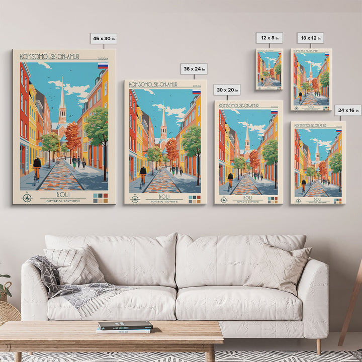 Komsomolsk on Amur Russia Travel Poster Framed Canvas Print, Midcentury Modern Art, Pop Art Wall Decor, Scenic Wall Art, Living Room Decoration, Office Art