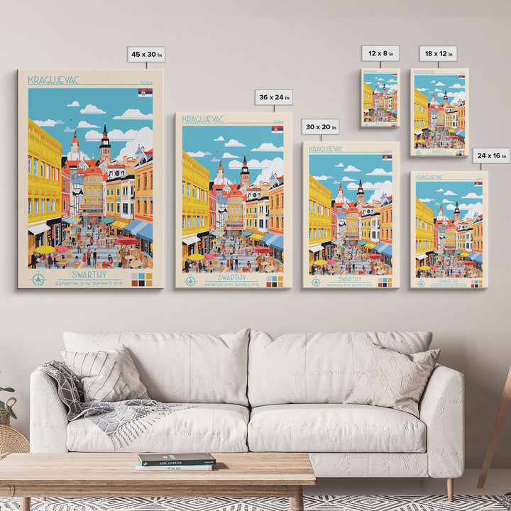 Kragujevac Serbia Travel Poster Framed Canvas Print, Midcentury Modern Art, Pop Art Wall Decor, Scenic Wall Art, Living Room Decoration, Office Art