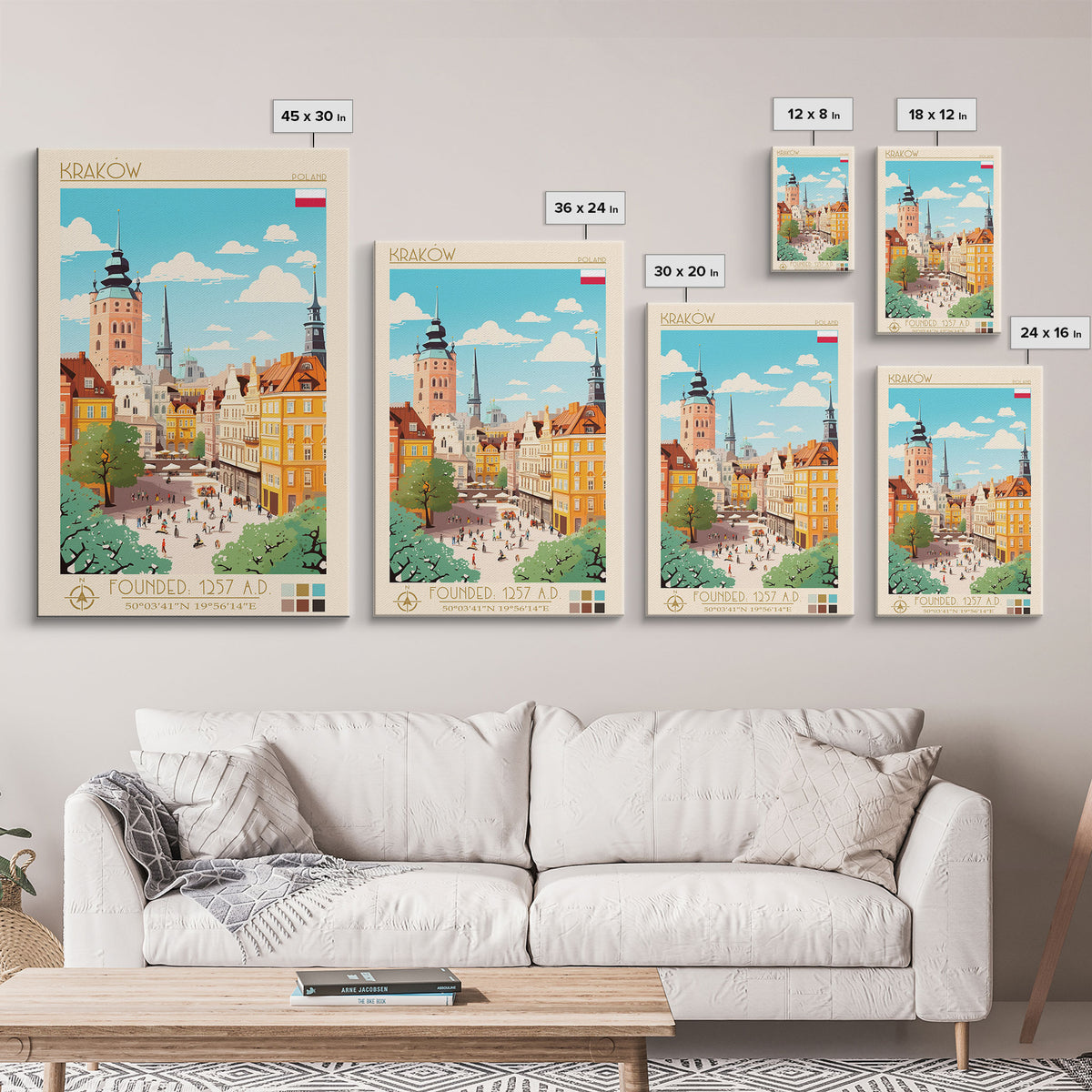 Kraków Poland Travel Poster Framed Canvas Print, Midcentury Modern Art, Pop Art Wall Decor, Home Decor, Vacation Gift, Bedroom Art