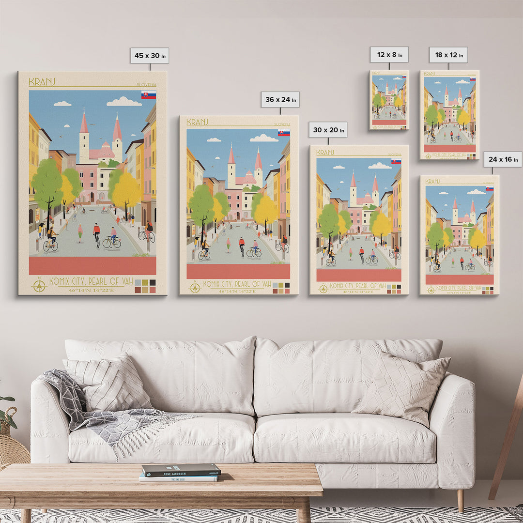 Kranj Slovenia Travel Poster Framed Canvas Print, Midcentury Modern Art, Pop Art Wall Decor, Scenic Wall Art, Bedroom Decoration