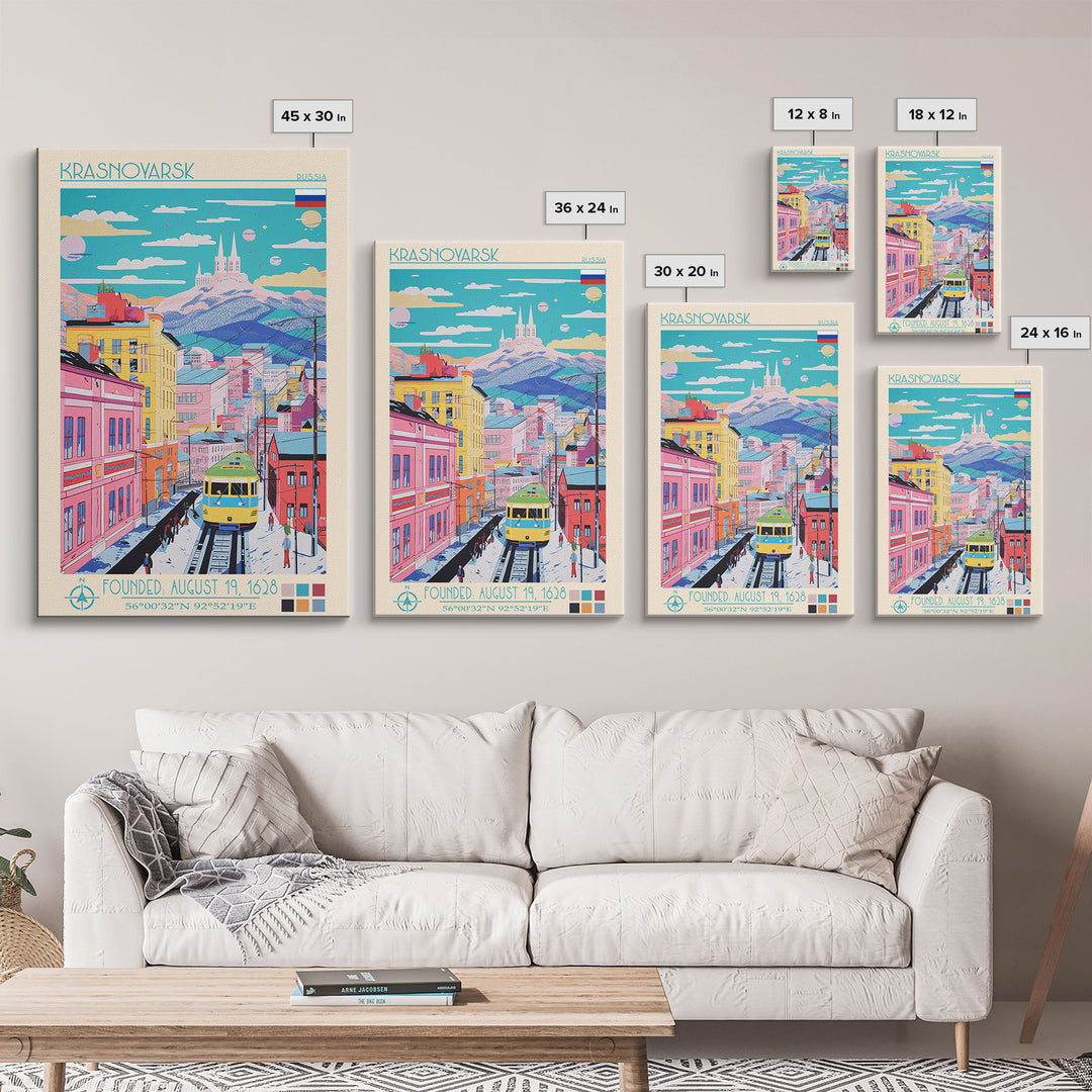 Krasnoyarsk Russia Travel Poster Framed Canvas Print, Midcentury Modern Art, Pop Art Wall Decor, Scenic Bedroom Art, Office Decoration