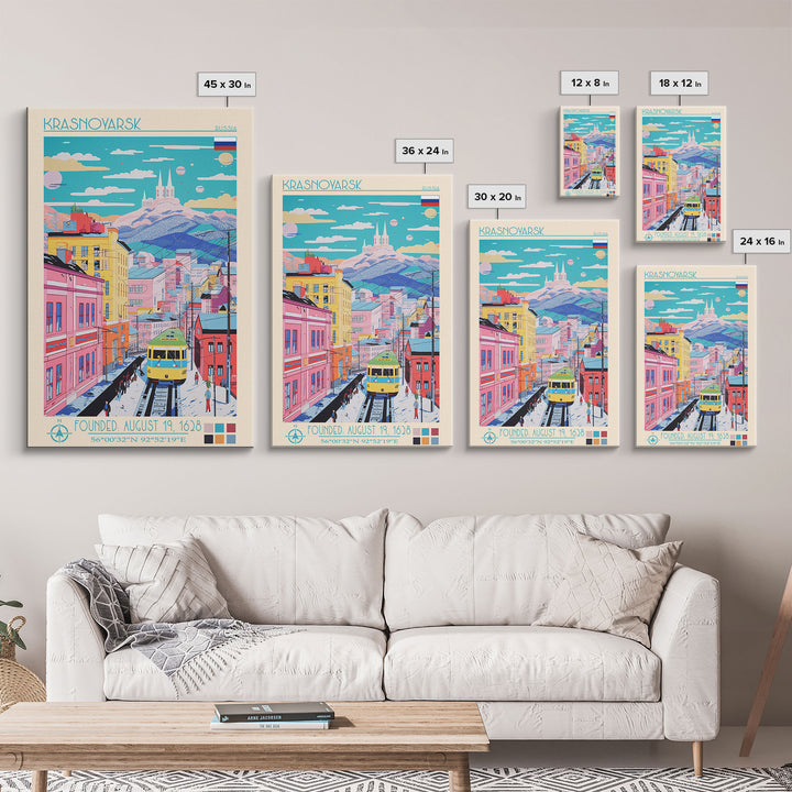 Krasnoyarsk Russia Travel Poster Framed Canvas Print, Midcentury Modern Art, Pop Art Wall Decor, Scenic Bedroom Art, Office Decoration
