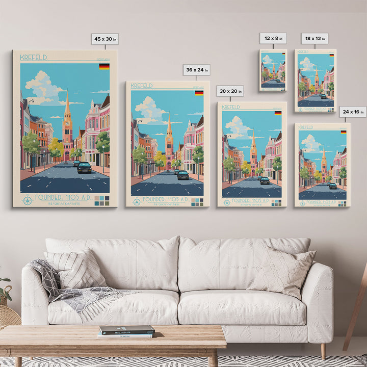 Krefeld Germany Travel Poster Framed Canvas Print, Midcentury Modern Art, Pop Art Wall Decor, Scenic Living Room Art, Bedroom Decor
