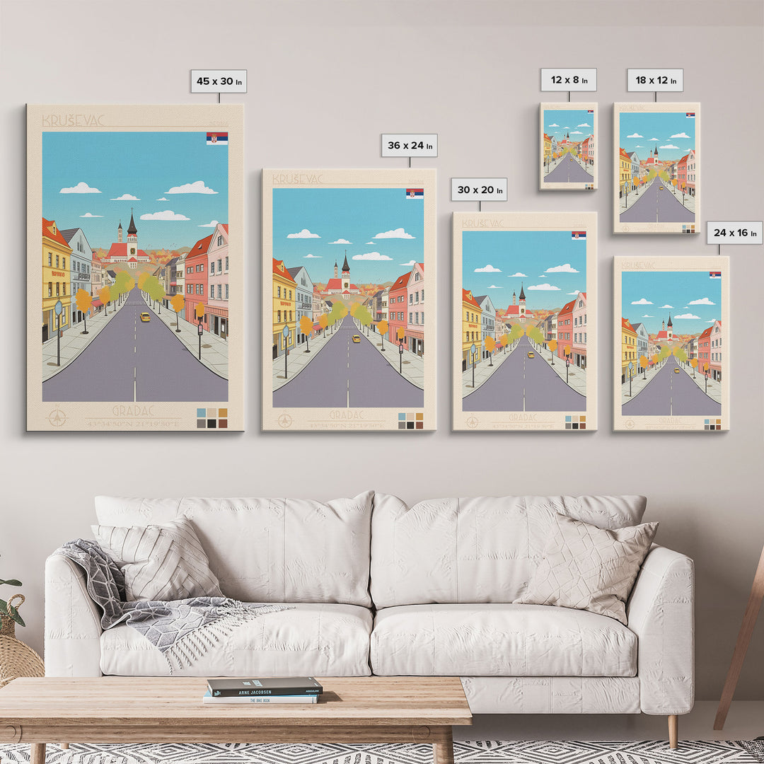 Kruševac Serbia Travel Poster Framed Canvas Print, Midcentury Modern Art, Pop Art Wall Decor, Scenic Living Room Art, Bedroom Gift