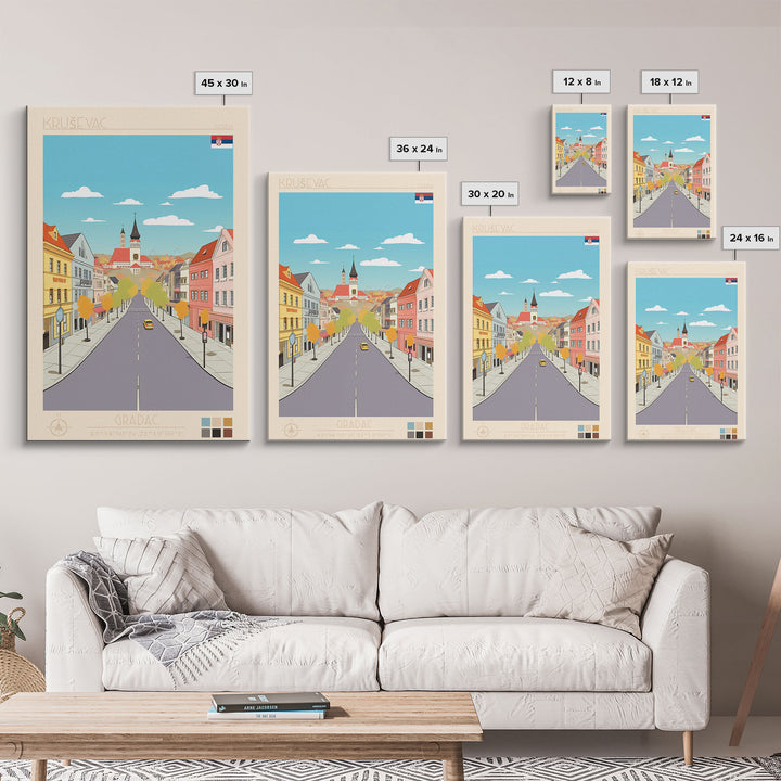 Kruševac Serbia Travel Poster Framed Canvas Print, Midcentury Modern Art, Pop Art Wall Decor, Scenic Living Room Art, Bedroom Gift