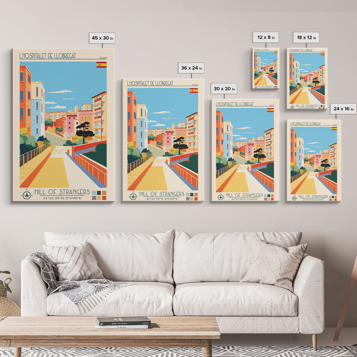 L'Hospitalet de Llobregat Spain Travel Poster Framed Canvas Print, Midcentury Modern Art, Pop Art Wall Decor, Home Decor, Vacation Gift, Office Art